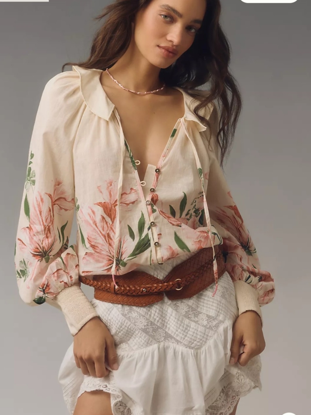 Anthropologie Floral Peasant Blouse L Balloon Sleeve Smocked Cuff Boho Feminine